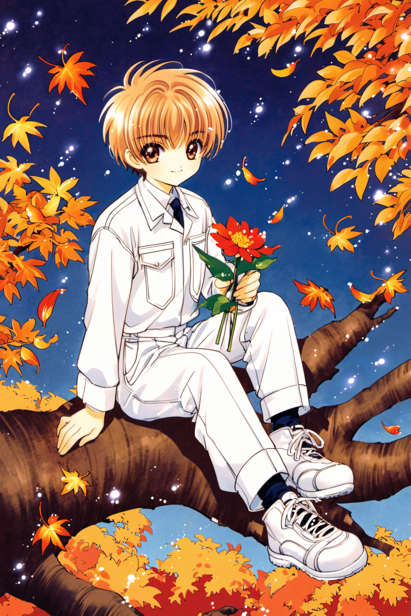 24824-269002528-Li Syaoran,solo,pocket,in tree,breast pocket,male focus,pants,1boy,sitting,long sleeves,tree,holding,shirt,sitting in tree,white.png